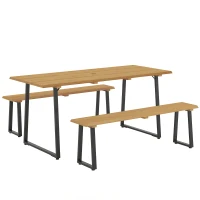 Outsunny Grup de mobilier din 3 piese din lemn pentru 6 persoane Masă de bucătărie cu 2 bănci Orificiu pentru umbrelă Masă din lemn 178 x 76 x 77 cm Lemn natural(m-6)