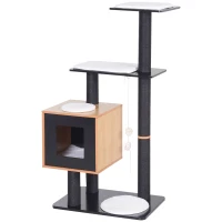 PawHut Pom de pisici design contemporan zgarieturi pe scara din sisal natural cu activitati in centru, platforme pentru joaca, bile suspendate 71,5L x 49,5l x 120H cm MDF negru stejar(m-6)