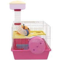 PawHut Cușcă pentru hamster șoarece rozătoare multicoloră cu platformă, biberon apă, roată, casă, 34 x 27 x 25 cm, roz(m-4)