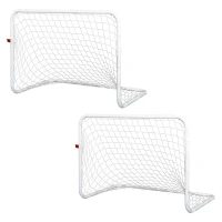 HOMCOM Set de 2 mini cage de fotbal pentru copil minge, pompă, țăruși incluși 78L x 46l x 56H cm metal alb(m-4)