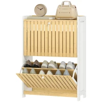 HOMCOM Pantofar Cu 2 Uși din Bambus Cu Lamele Rafturi Ajustabile pentru 12 Perechi de Pantofi Alb și Natural(m-6)