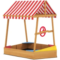 AIYAPLAY Bacă de nisip pentru copii în formă de barcă cu acoperiș anti-UV, scaune, roată de guvernare și fund protector, 133 x 101 x 141 cm(m-6)
