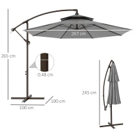 Outsunny Umbrelă, Cu Manivelă și Acoperiș Dublu Bază în Formă de Cruce Oțel Protecție Solară Ø2,67 x 2,45 m Gri deschis(m-3)