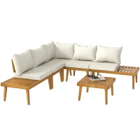Outsunny Salon de grădină în aer liber, 5 locuri, modular din lemn de acacia, canapea unghiulară în aer liber cu masă de cafea și perne(m-1)