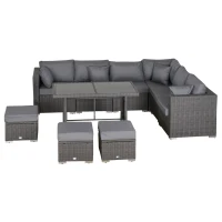 Outsunny Set de Mobilier de Gradina cu 10 Piese in Ratan, cu Perne pentru Scaun si Spatar, Cadru Metalic, Gri Inchis(m-6)