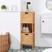 kleankin Comodă de depozitare coloană pentru baie din bambus 2 sertare și 1 raft - dim. 30L x 30l x 90H cm(m-2)