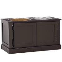 PawHut Stație de hrănire cu boluri ridicate, cu spațiu de depozitare, 60 cm x 30 cm x 34 cm, Maro + Argintiu