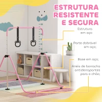 HOMCOM Barra de Ginástica para Crianças com Altura Ajustável em 5 Níveis Anéis e Dobrável 148x105x88-128 cm Rosa(m-5)