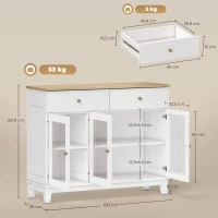 HOMCOM Bufet cu 2 dulapuri cu uși din sticlă temperată canelată, 2 sertare și rafturi reglabile, 100 x 35 x 80,3 cm, alb(m-3)