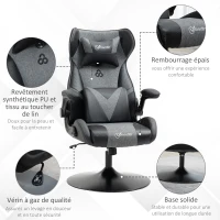 Vinsetto Fotoliu de gaming ergonomic cu bază rotundă înălțime reglabilă, brațe rabatabile, perne pentru cap și lombari PU gri și negru(m-4)