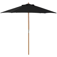 Outsunny Umbrelă de soare Ø 250 cm, umbrelă de balcon cu mecanism de tragere cu sfoară, umbrelă de plajă din bambus rezistent la vânt, umbrelă de piață pentru balcon terasă grădină, Negru(m-1)