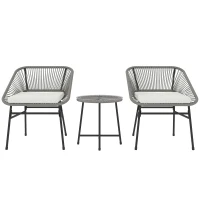 Outsunny Set de mobilier de exterior cu 3 piese, 1 masă, 2 scaune, Împletitură de ratan, Cadru din oțel, Masă de cafea cu blat de sticlă, Gri închis(m-7)
