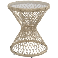 Outsunny Masă de cafea Boho design, placă de sticlă, PE-Rattan, 45 cm x 45 cm x 52 cm, Natural