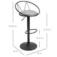 HOMCOM Set de 2 taburete de Bar Design neo-retro reglabil pivotant cu Suport pentru Picioare metal Negru Lână Gri(m-3)