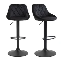 HOMCOM Set de 2 tabureți de bar cu spătar, aspect catifelat, cadru din oțel, scaune de bucătărie reglabile înălțime cu suport pentru picioare, rotative, taburet de bar, negru(m-5)