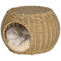 PawHut Coș casă pentru pisici 2 etaje din rășină împletită aspect răchită cu 1 pernă moale Ø 40 x 30 cm maro deschis(m-6)