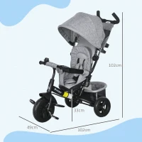 HOMCOM Triciclu Copii, Bicicleta Copii, Cosulet Spate, Suport pentru Pahar, Acoperis, Metal, Gri(m-3)