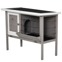 PawHut Clapier din lemn pentru iepure cu acoperiș din asfalt furajer tavă detașabilă și 2 uși 91 x 46 x 71 cm gri(m-5)