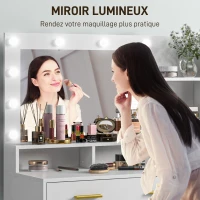 HOMCOM Coiffeuse avec miroir et 9 lumières LED, 4 tiroirs et 6 compartiments ouverts, 100 x 40 x 138 cm, blanc(m-5)