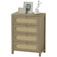 HOMCOM Comodă 4 sertare mobilier de depozitare stil boemian cu uși din răchită, 70 x 38 x 93 cm, efect lemn natural(m-6)