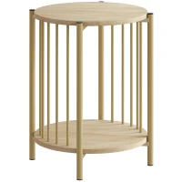 HOMCOM Masa laterală, masă de cafea cu 2 nivele cu raft de depozitare și cadru din oțel, Ø 41 x 49 cm efect lemn natural(m-7)