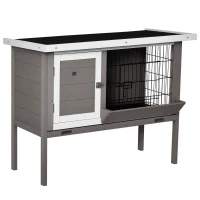 PawHut Clapier din lemn pentru iepure cu acoperiș din asfalt furajer tavă detașabilă și 2 uși 91 x 46 x 71 cm gri(m-1)