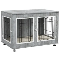 PawHut Cage pentru câini animale cușcă de câini pe picioare cu pernă detașabilă oțel aspect lemn 90 x 58 x 65 cm gri(m-6)