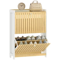 HOMCOM Pantofar Cu 2 Uși din Bambus Cu Lamele Rafturi Ajustabile pentru 12 Perechi de Pantofi Alb și Natural(m-1)