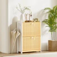 HOMCOM Pantofar Cu 2 Uși din Bambus Cu Lamele Rafturi Ajustabile pentru 12 Perechi de Pantofi Alb și Natural(m-4)