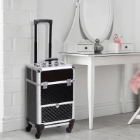 HOMCOM Valiză trolley machiaj geantă cosmetică vanity mâner telescopic reglabil 34L x 25l x 62H cm alu. negru(m-2)