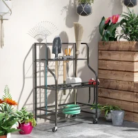 Outsunny Organizator de unelte de grădină, suport pentru unelte de grădină cu 54 de locuri și 5 cârlige din oțel pe roți, 3 niveluri negru(m-2)