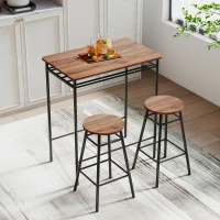 HOMCOM Mesa Alta de Cozinha com 2 Bancos EstiIo Industrial Prateleira Aberta Apoio para Pés para Espaços Reduzidos Castanho(m-2)