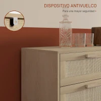 HOMCOM Cómoda para Dormitorio con 6 Cajones con Frontal de Ratán Patas de Madera Cajonera Estilo Bohemio 110x40x75 cm Roble(m-7)