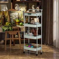 HOMCOM Desserte cărucior de depozitare cu roți 4 niveluri cu sertar, blat și coșuri, verde(m-4)