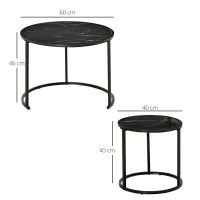 HOMCOM Lot de 2 Mese Laterale Rotunde gigogne incastrabile blat de lemn aspect marmura si Picioare din metal Negru(m-3)