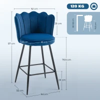 HOMCOM Set of Two Velvet-Feel Lotus Bar Stools - Dark Blue(m-3)
