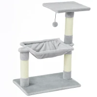 PawHut Arbore de pisici 3 dălți zgărie sisal natural platformă hamac și minge suspendată 50 x 26 x 70 cm pluș scurt gri(m-6)