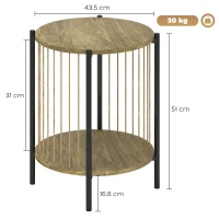 HOMCOM Masă Auxiliară Rotundă de 2 Nivele cu Raft și Structură de Oțel 43,5x43,5x51 cm Lemn Natural(m-3)