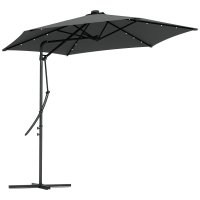 Outsunny Umbrelă Excentrică de 3 m cu Lumini LED cu Manivelă și Bază în Cruce pentru Exterior Patio Terasă Gri Închis