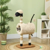 PawHut Pom de zgâriat în design de oi, cu poste de zgâriat, tunel și jucărie, 98 cm, maro deschis(m-2)