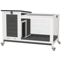 PawHut Hutch pentru iepuri din lemn cu spațiu de joacă rotițe acoperiș pliabil pentru interior, exterior 92 x 52 x 67 cm Gri închis(m-1)
