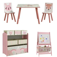 Table et 2 chaises pour enfants + tableau chevalet double-face + meuble à jouets de rangement à 6 boîtes, rose(m-10)