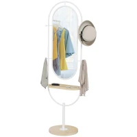 HOMCOM Oglindă de Corp Intreg 175,5x50 cm cu Tavă din Lemn 4 Cârlige și Rama de Metal pentru Salon Dormitor Alb(m-6)