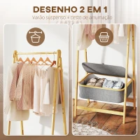 HOMCOM Suporte para Cabides de Bambu com Cesto de Tecido e Dobrável 60x44,5x157,5 cm Madeira Cinzento(m-4)