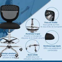 Vinsetto Scaun de birou ergonomic din plasă, scaun de desen, înălțime și suport pentru picioare reglabile, 59 x 59 x 106-126 cm, negru(m-4)