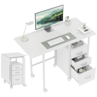 HOMCOM Birou de calculator pliabil pe roți, birou cu depozitare, 3 sertare, blat extensibil, 105x51x75,5cm, alb