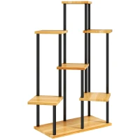 Outsunny Suport pentru plante cu 7 niveluri pentru interior și exterior, stand plante din oțel și lemn, lemn natural(m-7)