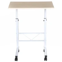 HOMCOM Suport lateral reglabil pe înălțime mobilă masă de cafea cu roți frânare C-Tables Placă de lemn Oțel Metal Plastica Alb Fag 60 x 40 x 68-78 cm(m-3)