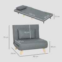 HOMCOM Poltrona 2 em 1 Sofá Cama Individual Dobrável com Encosto Ajustável e Almofada Carga 125 kg 90x78x79 cm Cinza(m-3)