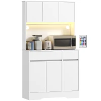 HOMCOM Bufet de bucătărie mobilier de bucătărie înălțat cu lumină LED RGB, blat de lucru, 6 uși, 2 sertare, alb(m-1)